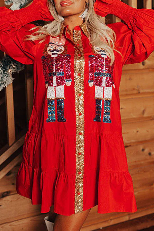 Cardydony Women's Nutcracker Sequined Button Down Long Sleeve Mini Dress