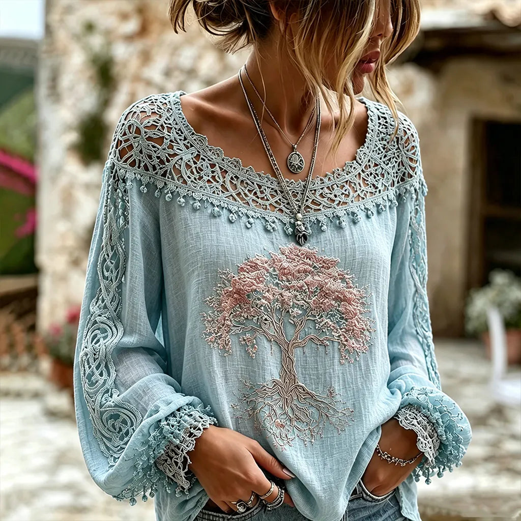 Cardydony Women's Retro Viking Tree Of Life Embroidery Pattern Casual Long-sleeve T-shirt