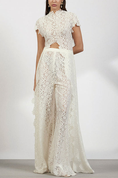 Cardydony Women's Elegance Avant-garde Floral Lace Short Sleeve High Low Top and High Rise Wide Leg Pants Set