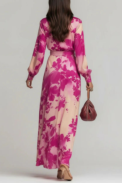 Cardydony Women's  Floral Print Chiffon Long-Sleeved V-Neck Tie Waist Elegant Maxi Dress