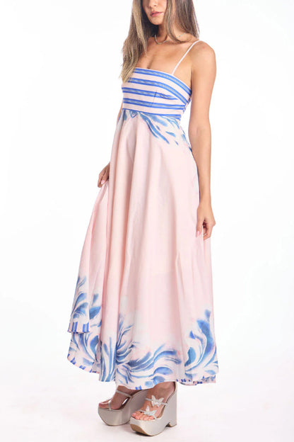 Cardydony Women's Unique Print Square Neck Spaghetti Strap Back Gathered Maxi Dress