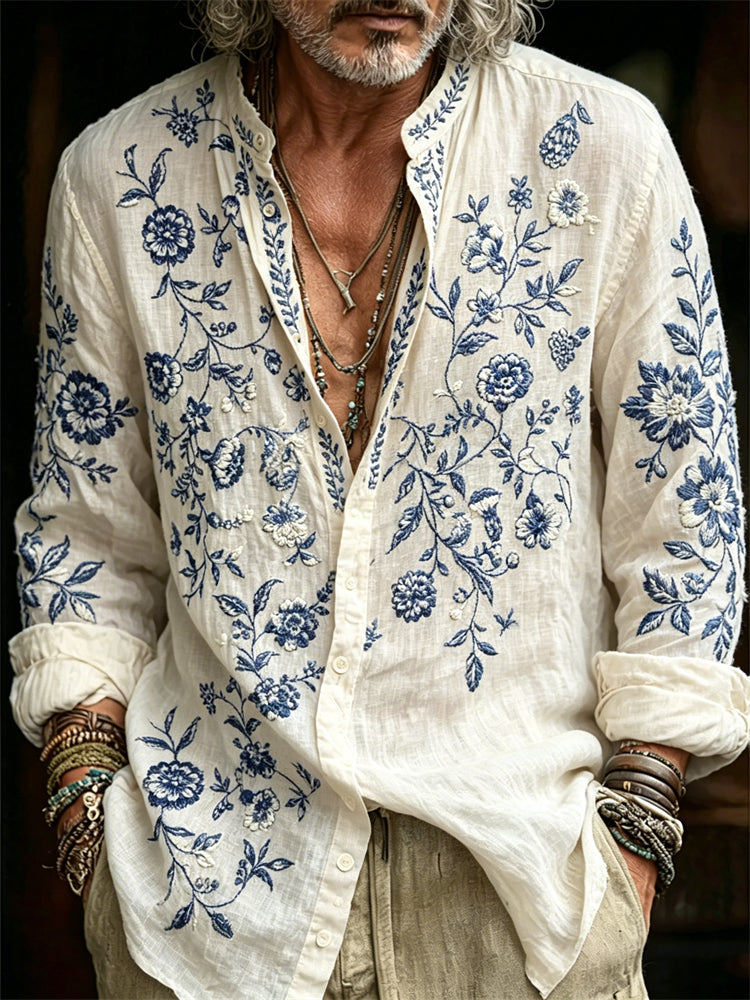 Cardydony Men's Vintage Boho Floral Art Linen Shirt
