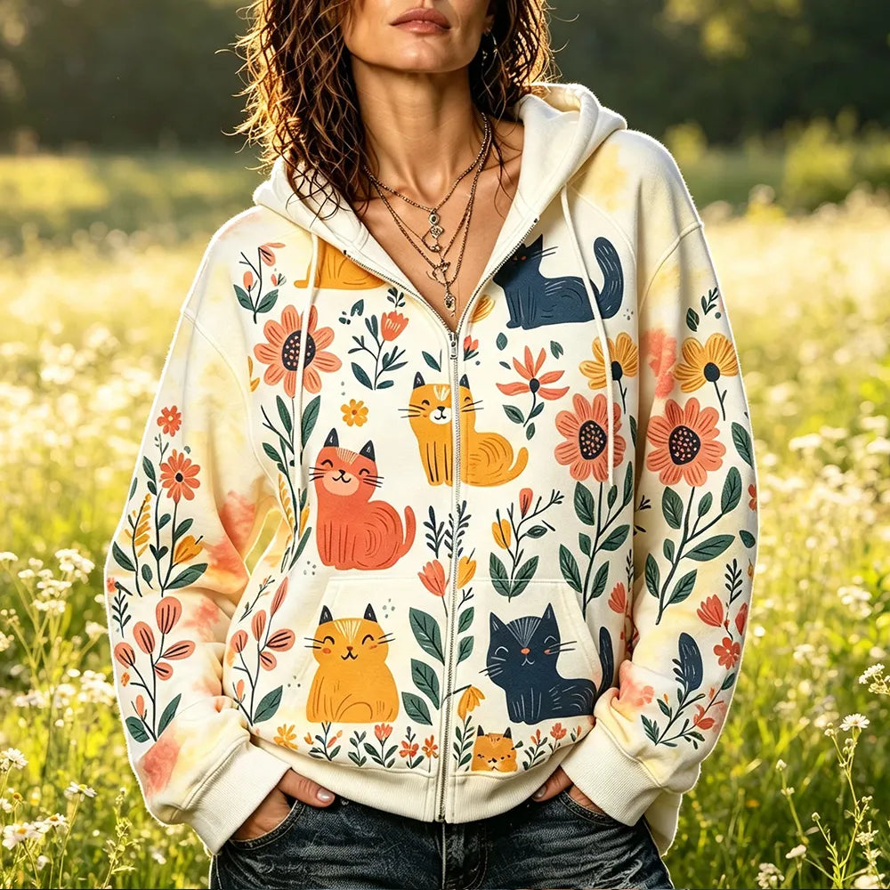 Cardydony Women's Cat & Floral Pattern Zip-up Hoodie - Cute Animal Graphic Hooded Sweatshirt