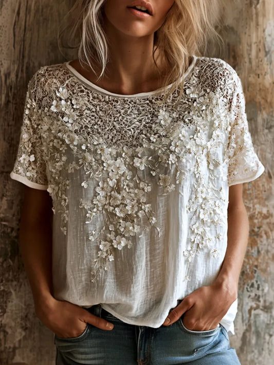 Cardydony Vintage White Floral And Lace Art Casual Linen Cotton Crew Neck Short Sleeve Top