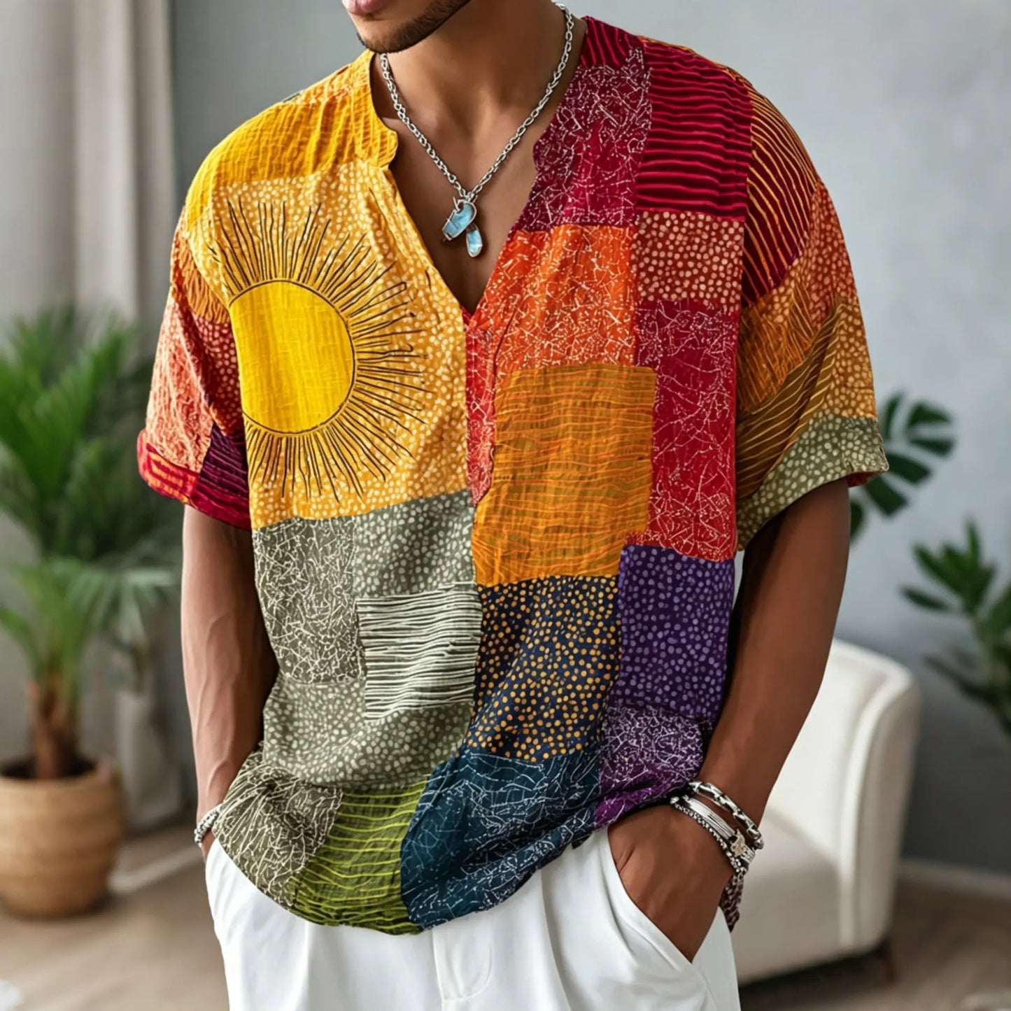 Cardydony Men's Colorblock Peace Sign Print V Neck Short Sleeve Shirt