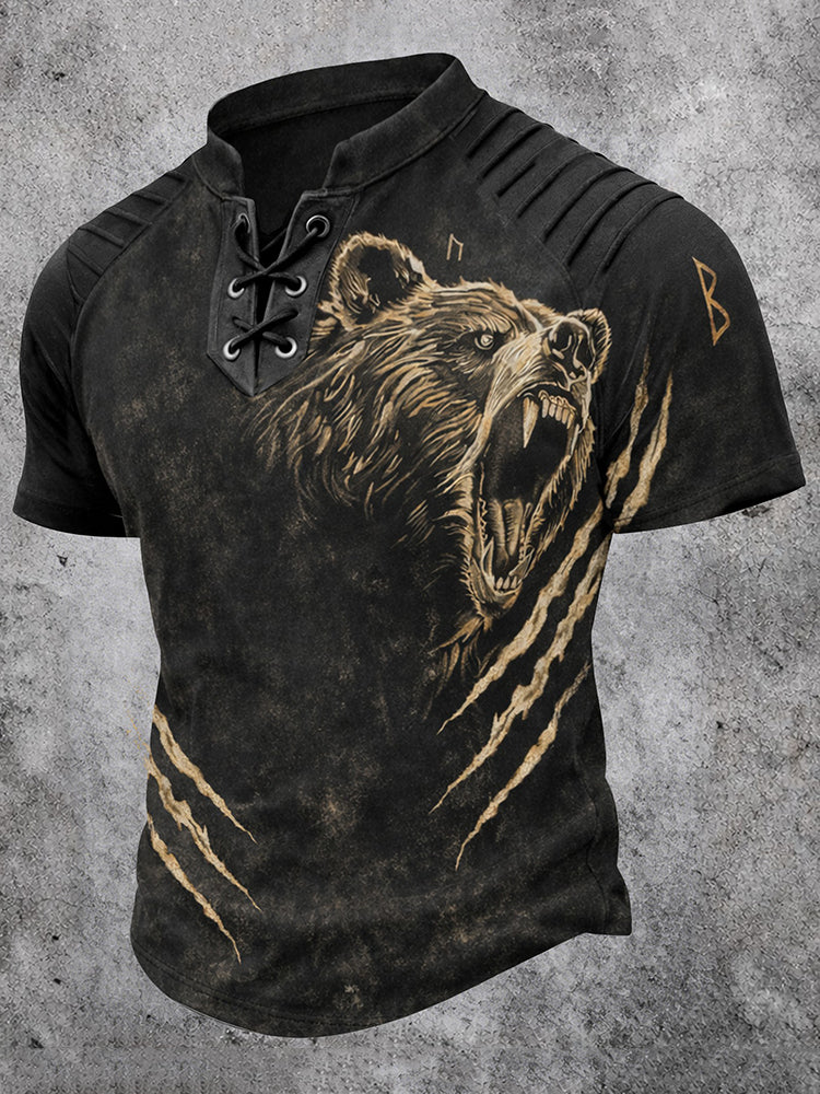 Cardydony Men's Retro Bear Print Viking Outdoor Casual Cotton Linen Top
