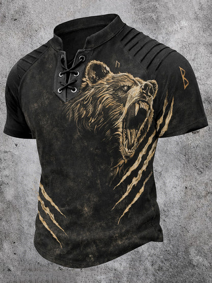 Cardydony Men's Retro Bear Print Viking Outdoor Casual Cotton Linen Top