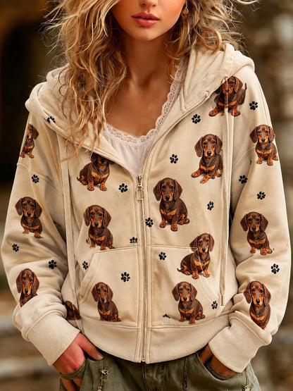Cardydony Women's Cute Dachshund And Paw Print Casual Zip Up Hoodie