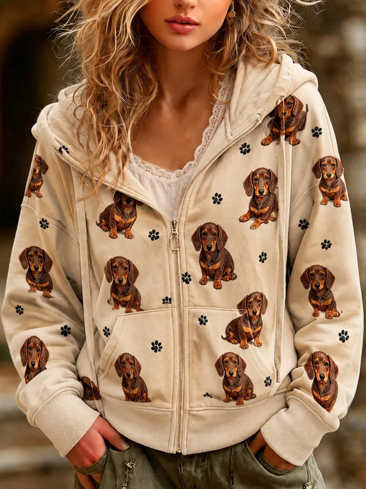 Cardydony Women's Cute Dachshund And Paw Print Casual Zip Up Hoodie