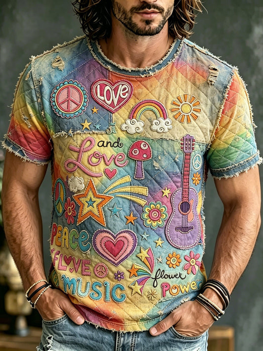 Cardydony Men's Retro Hippie Style Embroidered Print T-shirt