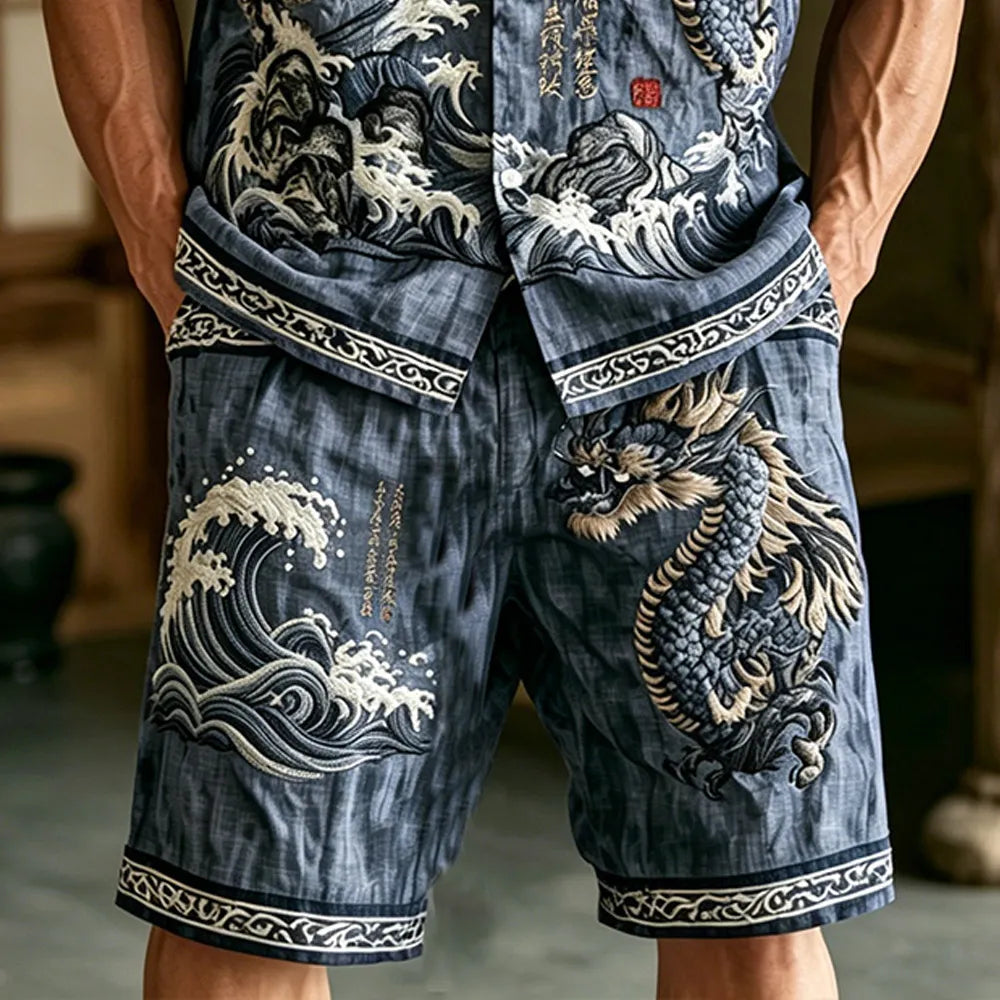 Cardydony Men's Dragon Pattern Wavy Text Vintage Cotton And Linen Short Sleeve Shirt And Shorts Two-piece Set