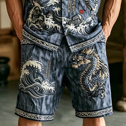 Cardydony Men's Dragon Pattern Wavy Text Vintage Cotton And Linen Short Sleeve Shirt And Shorts Two-piece Set