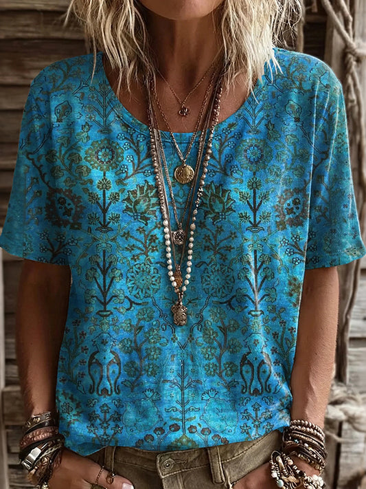 Cardydony Women's Retro Floral Print Short Sleeve Casual T-shirt