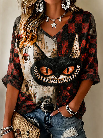 Cardydony Women's Halloween Scaring Cat Art Patchwork Casual V-neck Short Sleeve Top