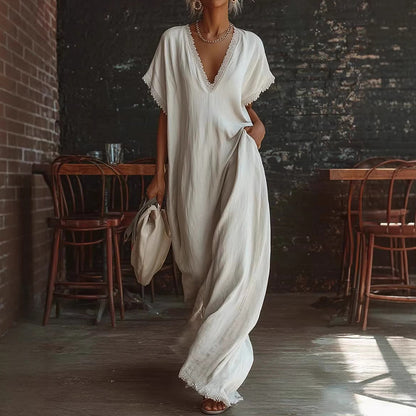 Cardydony Women's Elegant Lace-trimmed Linen-cotton Maxi Dress