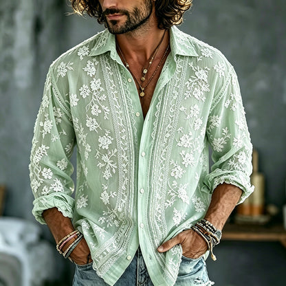 Cardydony Men's Summer Floral Embroidered Art Print Flowy Linen Blend Shirt