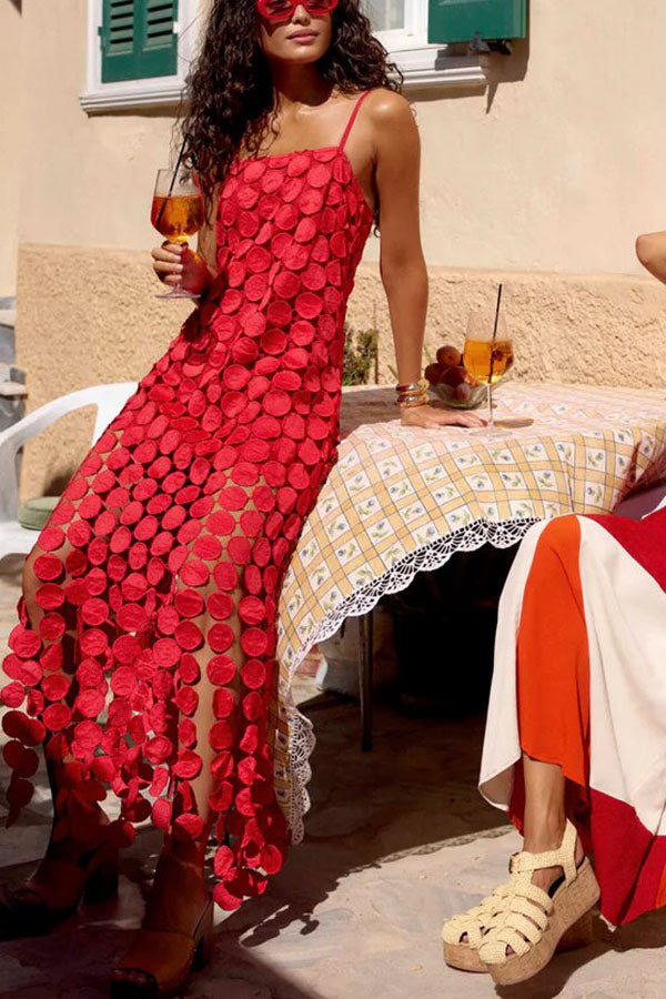 Cardydony Women's Juju Embroidered Cutout Polka Dots Square Neck Tassel Hem Slip Maxi Dress