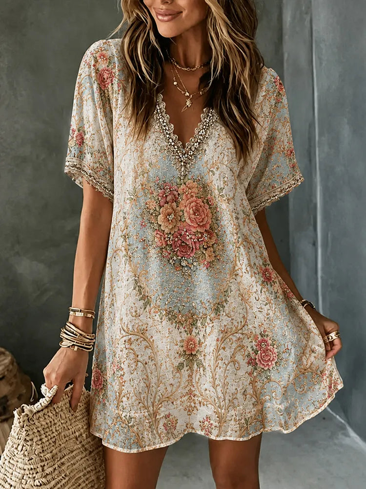 Cardydony Women's Retro Baroque Floral Art V-neck Linen Blend Midi Dress