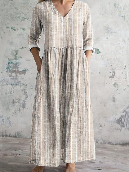 Cardydony Vintage Stripe Pattern Women's Linen Dress