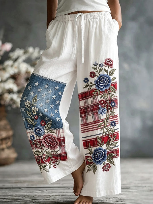 Cardydony Women's American Flag Floral Design Casual Trousers