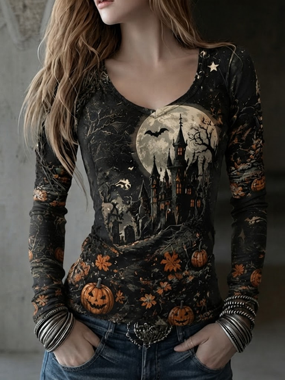 Cardydony Women's Scoop Neck 3/4 Sleeve Halloween T-shirt With Haunted Castle, Full Moon, And Jack-o'-lantern Print