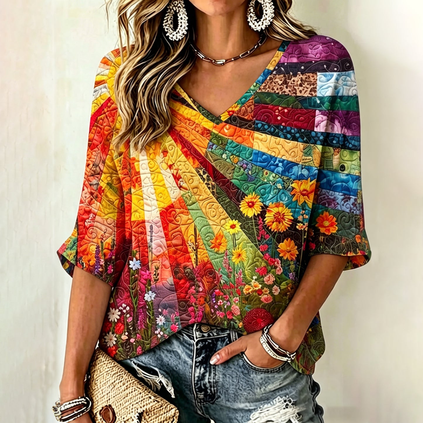 Cardydony Women's Vintage Floral Gradient Art Print Flowy Linen Blend Three-quarter Sleeve V Neck Linen Tops