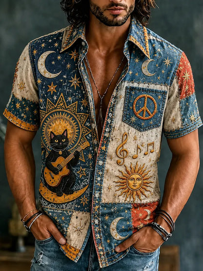 Cardydony Men's Hippie Music Patchwork Denim Art Print Casual Shirt