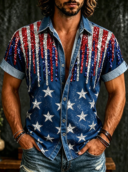 Cardydony Men's Independence Day Sequin Celebration Art Short-sleeved Shirt