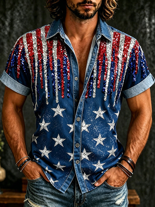 Cardydony Men's Independence Day Sequin Celebration Art Short-sleeved Shirt