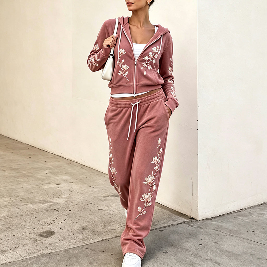 Cardydony Women's Retro Japanese Cherry Blossom Art Casual Sports Suit Two-piece Set