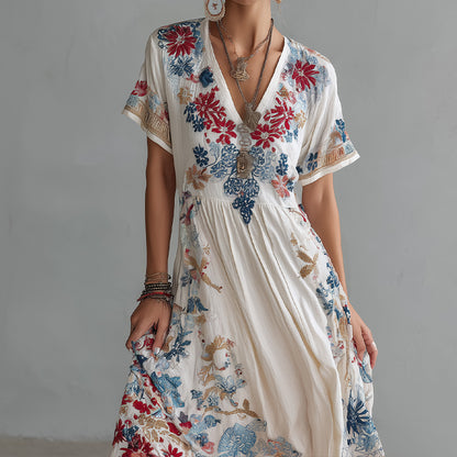 Cardydony Women Bohemian Floral Embroidered V-neck Maxi Dress