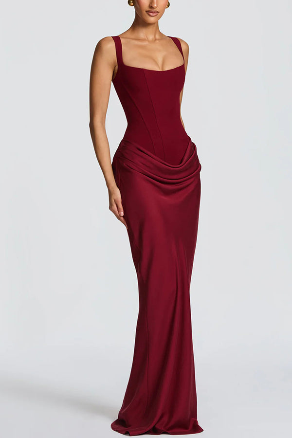 Cardydony Women's Larrah Square Neck Back Lace-up Satin Drape Hem Maxi Dress
