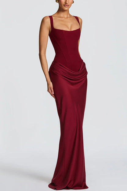 Cardydony Women's Larrah Square Neck Back Lace-up Satin Drape Hem Maxi Dress