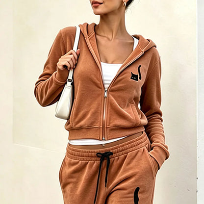 Cardydony Women's Retro Black Cat Art Casual Sports Suit Two-piece Set