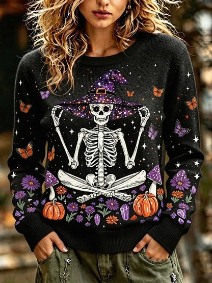 Cardydony Vintage Witch Skull Halloween Weird Mushroom Butterfly Pumpkin Print Crew Neck Sweater
