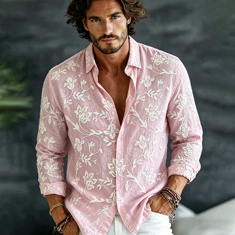 Cardydony Men's Vintage Spring Floral Embroidered Art Print Flowy Linen Blend Casual Shirt