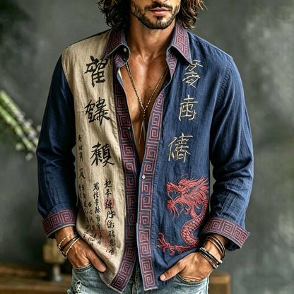Cardydony Men's Retro Japanese Calligraphy And Dragon Art Pattern Casual Linen Blend Shirt