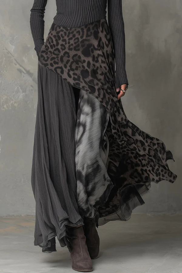 Cardydony Women's Stylish Leopard Print Patchwork Casual Long-sleeved Maxi Dress