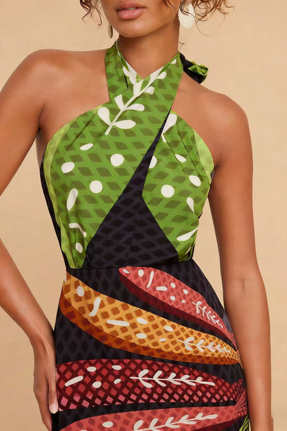 Cardydony Women's  Multi-colored Fish Print Halter Neck Backless Printed Fitted Vacation Maxi Dress