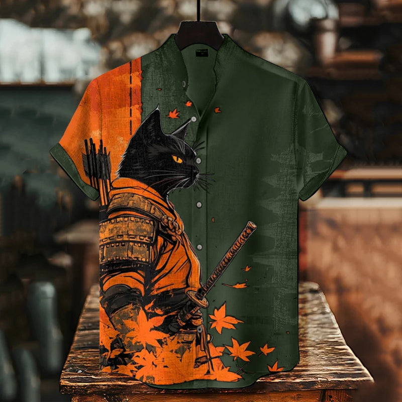 Cardydony Men's Black Cat Warrior And Maple Leaf Temple Print Casual Shirt