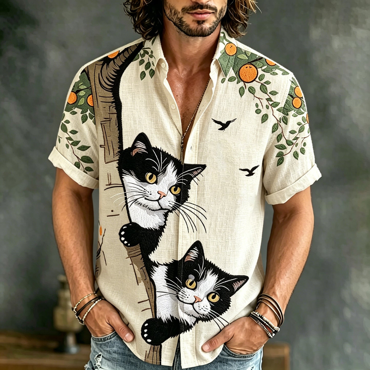 Cardydony Men's Cat Collection Ukiyo-e Cats And Orange Trees Inspired Art Flowy Linen Blend Shirt