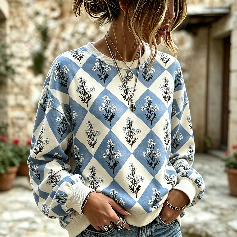 Cardydony Women's Casual Crewneck Sweatshirt - Blue And White Argyle Checkered Pattern With Delicate Floral Plant Print Top