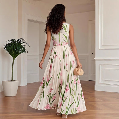 Cardydony Pleated Slim Fit Floral Print Slip Dress