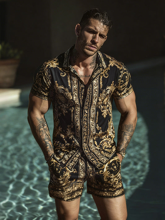 Cardydony Men's Fashion Baroque Pattern Cuban Shirt And Shorts Two-piece Set