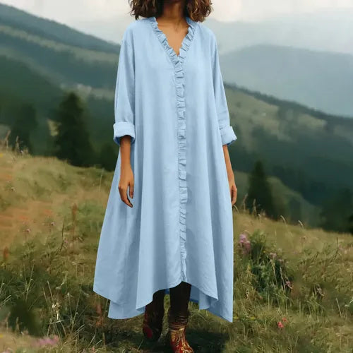 Cardydony Women's Solid Color V-neck Linen Blend Irregular Hem Dress