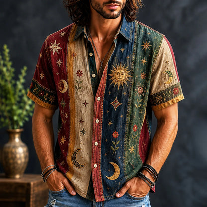 Cardydony Men's Vintage Patchwork Flowers Sun Moon Striped Art Print Shirt