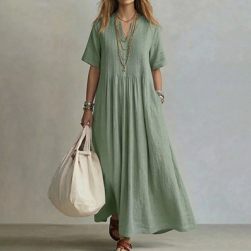 Cardydony Women's Retro Solid Color Loose V-neck Short-sleeve Pleated Cotton Linen Dress
