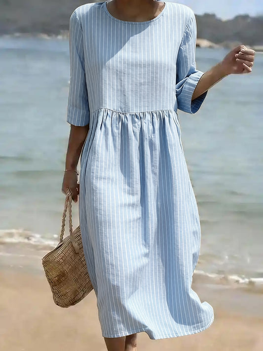 Cardydony Women's Vintage Stripe Pattern Art Linen Blend Loose Linen Dress