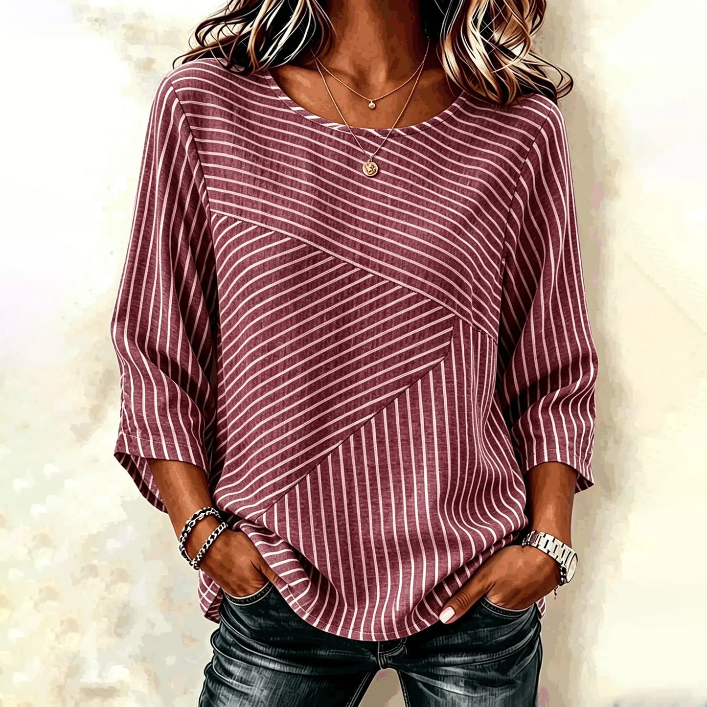 Cardydony Women's Retro Elegant Striped Art Pattern Casual Crew Neck T-shirt
