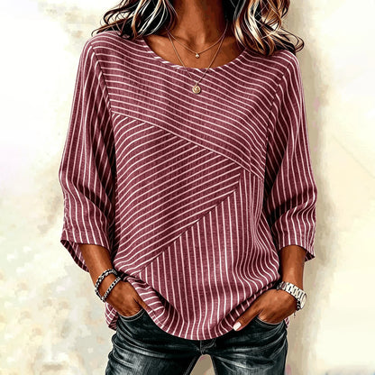 Cardydony Women's Retro Elegant Striped Art Pattern Casual Crew Neck T-shirt